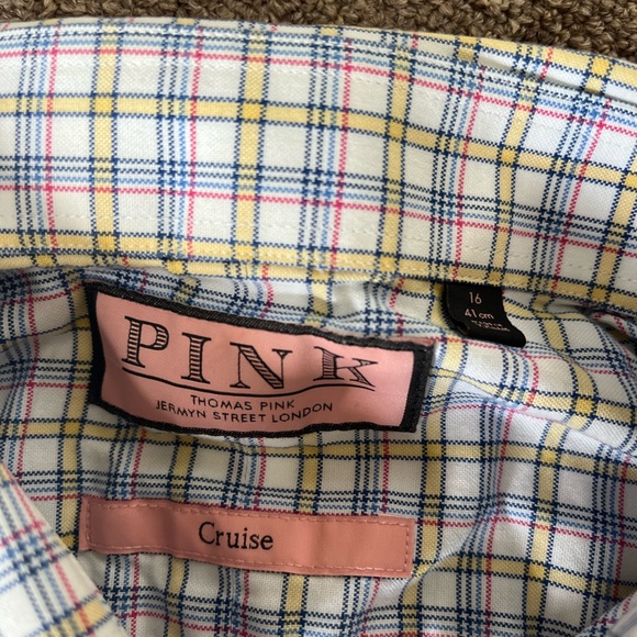 Thomas Pink Button Up Collared Blue Yellow Check Pattern Dress Shirt Size 16 - Picture 6 of 8